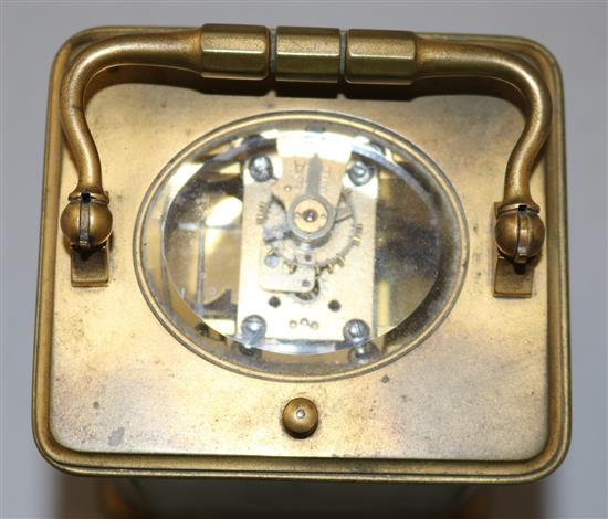 A French brass cased eight day repeating carriage clock, 4.75in ex. handle.